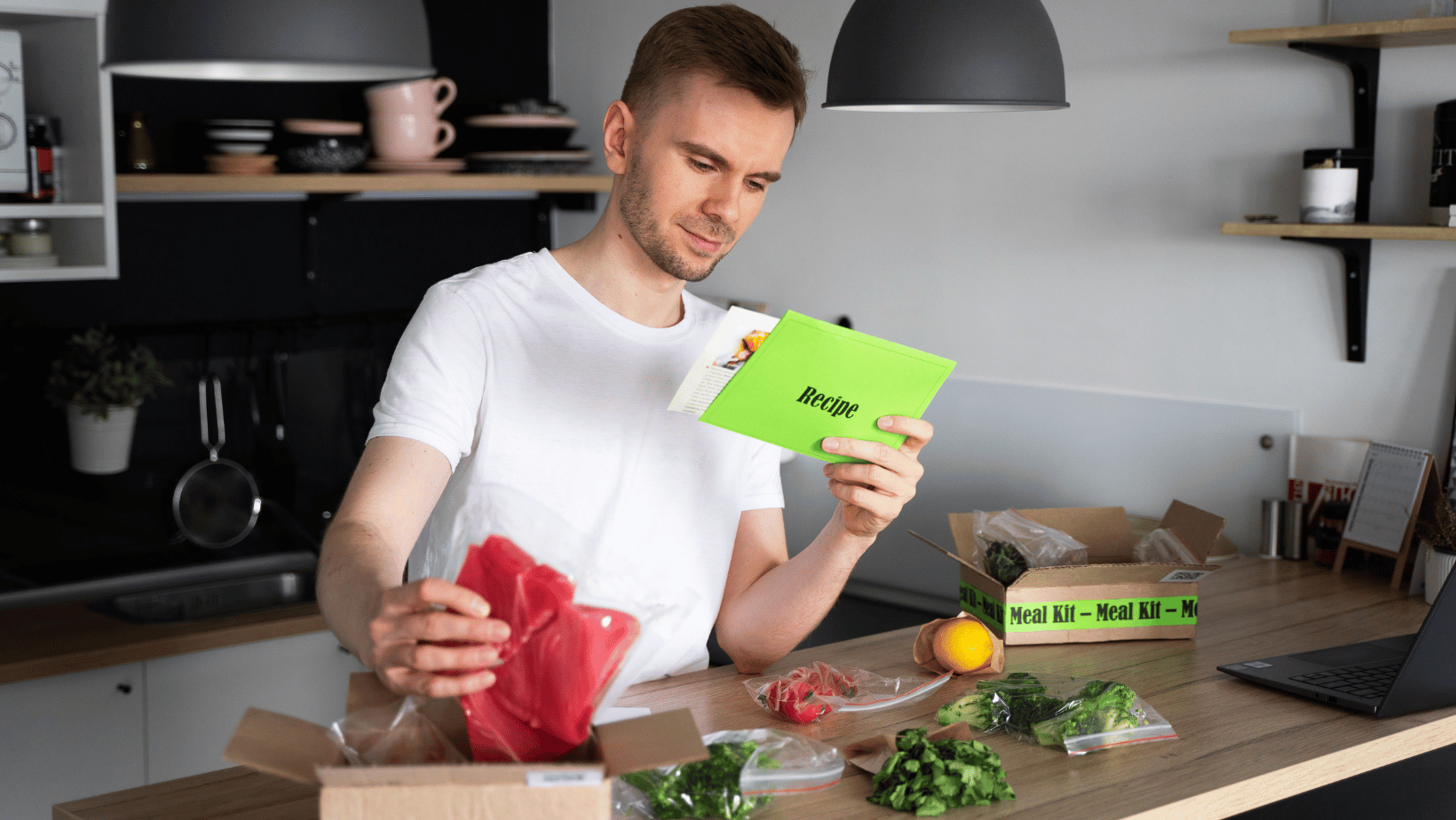 Man unpacking meal-kit in kitchen.